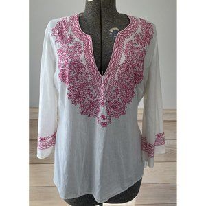 Katherine New York Women's Medium Tunic Blouse Pink  Embroidered Long Sleeve